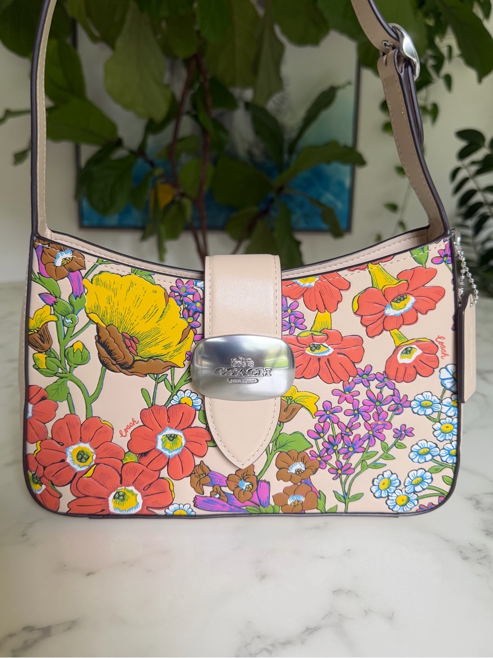 Coach Eliza Shoulder Bag With Floral Print CR161 Silver Ivory Multicolor Leather